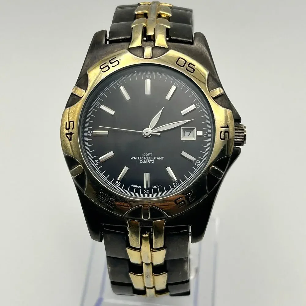 Men’s Gold and Black Stainless Steel Men’s Watch Working New Battery